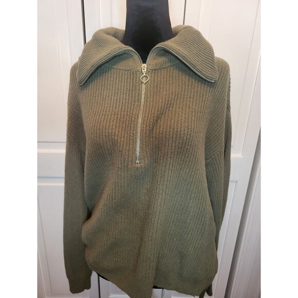 Talbots Olive Green Ribbed Half Zip Sweater Wide Collar M Preppy Minimal Modest - Picture 4 of 8